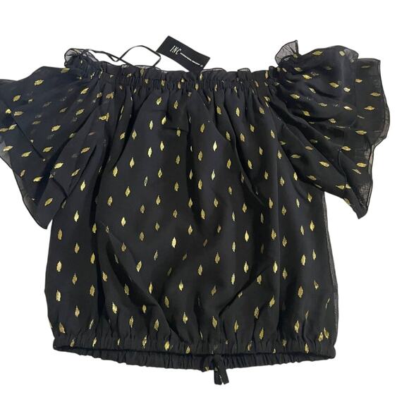 INC XS NWT Black Foil-Print Tiered Top | Off-Shoulder Chic - Picture 6 of 13